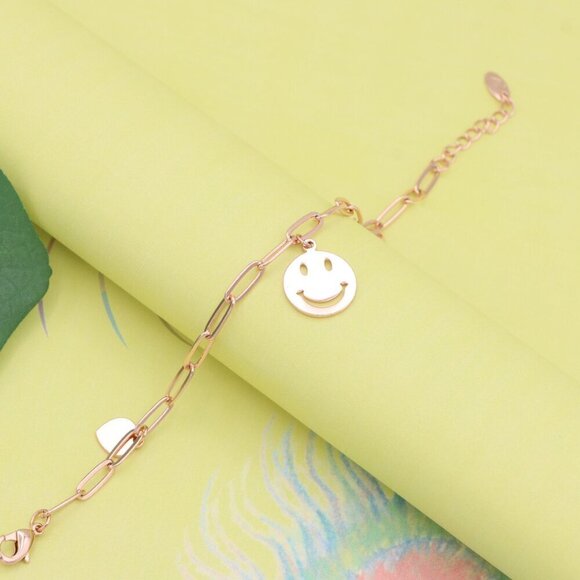 "Rose Gold Smiley Charm Bracelet with Heart Dangles, XPBL1149 - Picture 7 of 12